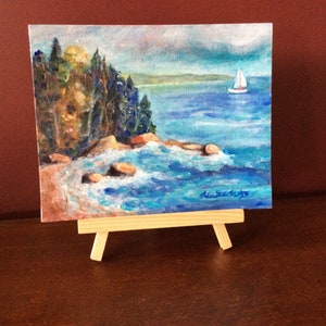 Rocky Point on Georgian Bay is the name of this original acrylic 8x10 inch painting By Heather Kertzer