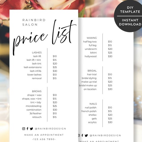 Hair Salon Price List Template Printable Beauty Salon - Etsy