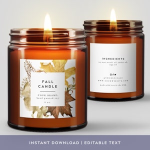 Fall Candle Label Template, Printable Handmade Soy Candle Autumn Watercolor Leaf Label Stickers, Square Custom Product Labels #017