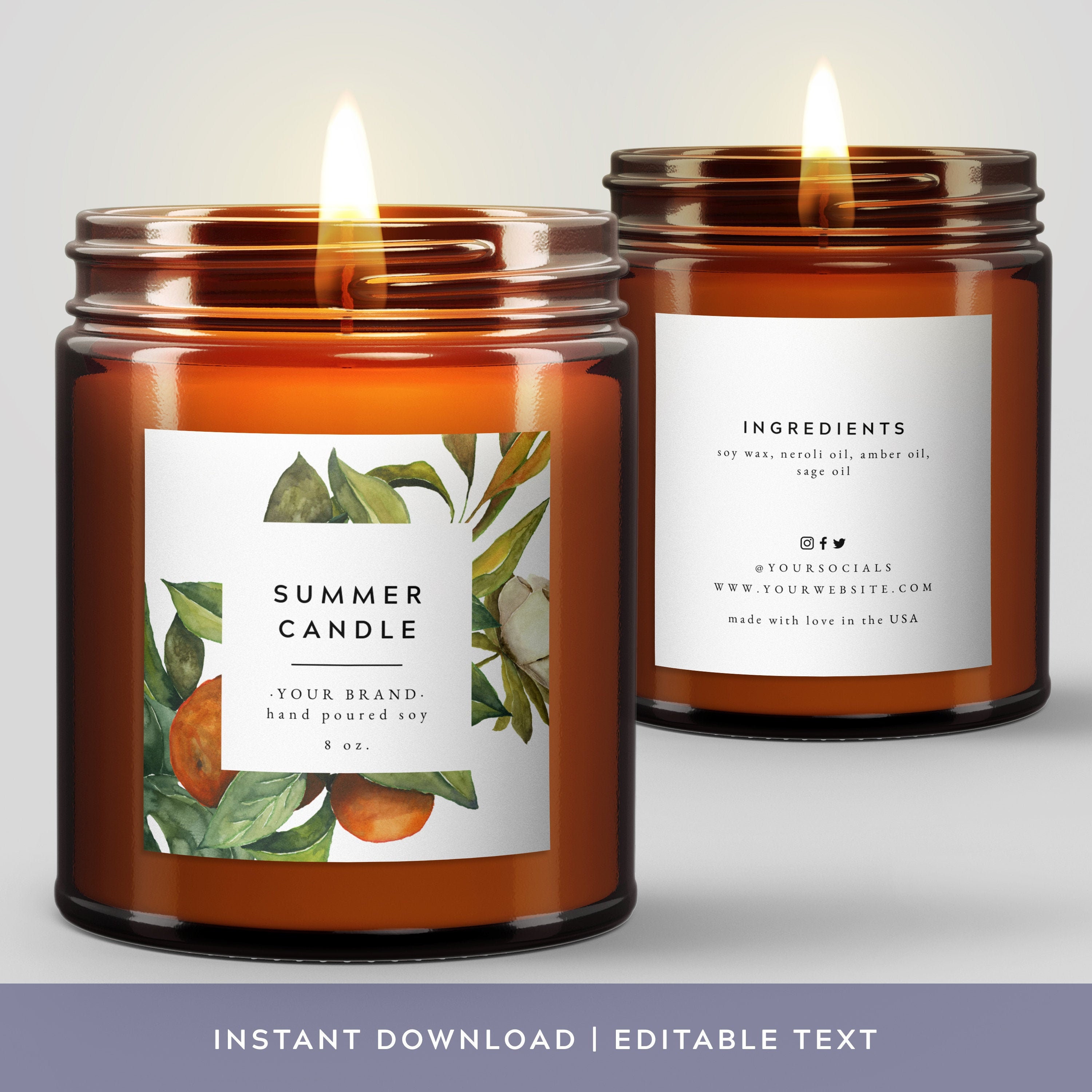 Summer Candle Label Template, Printable Watercolor Greenery Handmade Soy  Candle Square Label Stickers, Beauty Product Labels 017 