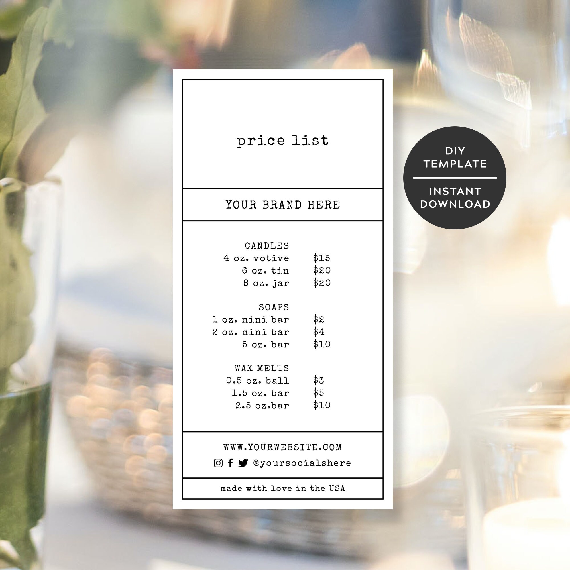 Printable Price List Template Handmade Candle Business Price Etsy