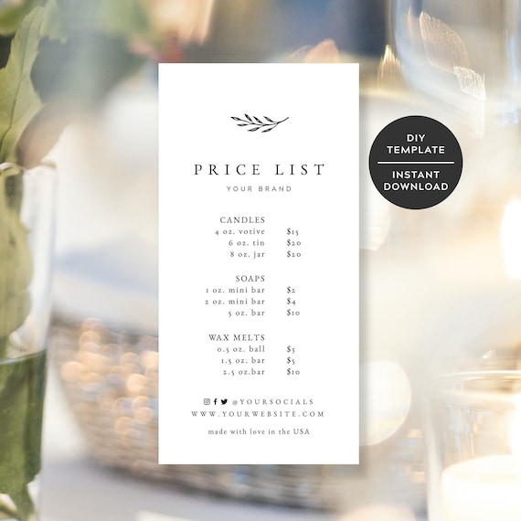 Printable Price List Template, Handmade Candle Business Price List