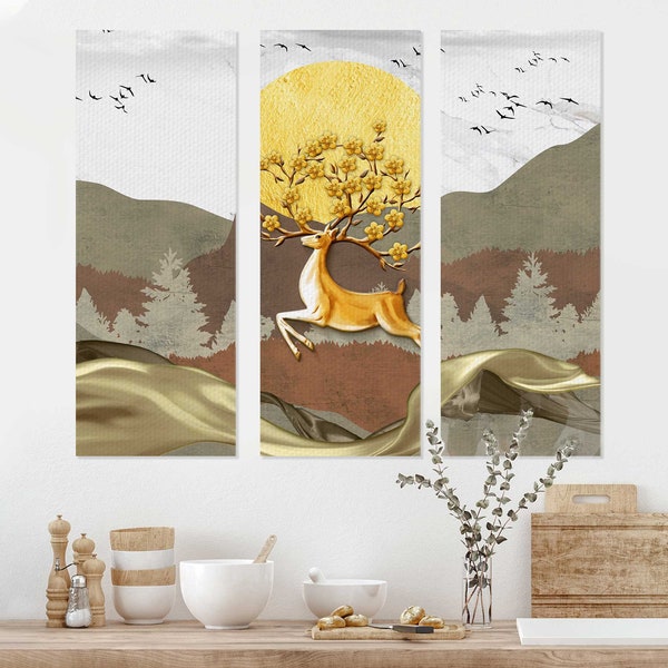 Deer 5 Multi-Panel Canvas Art Set For Home Room Decoration Wild Animal Large Pictures For Living Room Paintings Set Nature Art Panels PN0399