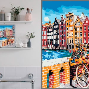 Amsterdam Paint by Numbers Kit – DIY Old Town with Bike Canvas Painting for Adults, European Cityscape Wall Art PN0203