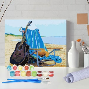 Guitar on the Beach Paint by Numbers Kit – DIY Seaside Canvas Painting for Adults, Relaxing Coastal Art PN0122