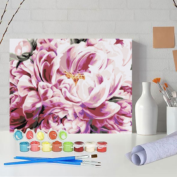 Pivoine Acrylique Peinture Colorée Par Numéros Rose Fleur Peinture par Numéro Kit Peinture Acrylique Décor À La Maison Multicolore Peintures À L'huile PN0116