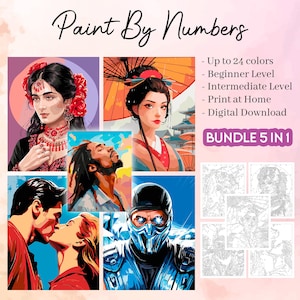 5 Color by Number Pages, Digital Coloring Pages, Paint by Numbers Bundle, Procreate Coloring Book, Adults Coloring Book, Art in nature