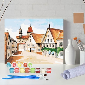 Old Town Paint by Numbers Kit – DIY Architecture Canvas Wall Art for Adults, European Village Painting PN0121
