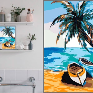 Beach Paint by Numbers Kit – DIY Tropical Ocean Canvas Wall Art for Adults, Relaxing Vacation Painting PN0040