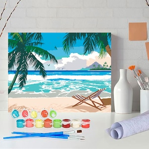 Beach Paint by Numbers Kit – Tropical Vacation DIY Canvas Wall Art, Relaxing Painting for Adults PN0083