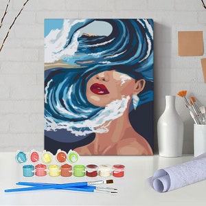 Girl Portrait Paint by Numbers Kit – DIY Abstract Face with Blue Waves Canvas Wall Art for Adults PN0289