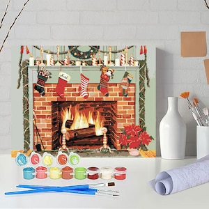 Christmas Paint by Numbers Kit – Cozy Fireplace DIY Canvas Wall Art for Holiday Home Décor HP0177