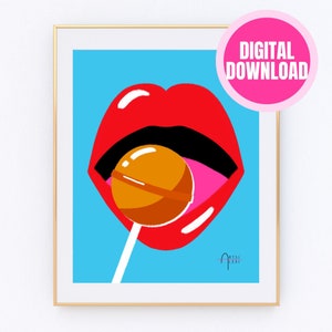 DIGITALE Rote Lollipop Lippen | Candy Shop Dekor | Küchenkunst | Candy Lover Geschenk | Eklektische Wandkunst | Funky Poster | Retro Drucke | Bunten