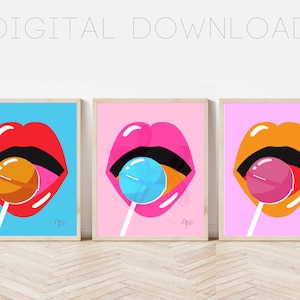 DIGITAL Pop Art Lippen 3er Set | Eklektische Wandkunst | Funky Poster | Bunte Wohnkultur | Galeriedrucke | Lippen Druck Set | Retro Poster