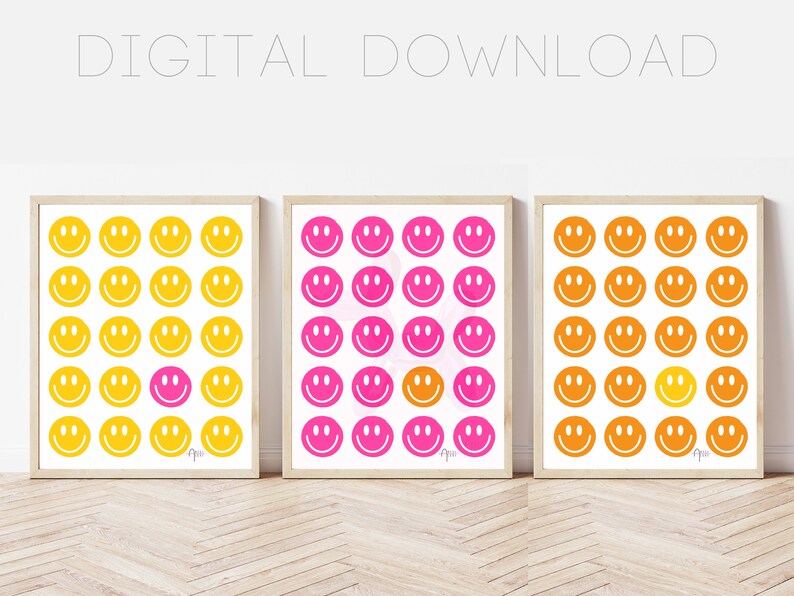 Puede incluir: Tres impresiones digitales de caras sonrientes en un patr&oacute;n de cuadr&iacute;cula. La impresi&oacute;n de la izquierda presenta caras sonrientes amarillas con una cara sonriente rosa en el centro. La impresi&oacute;n del medio presenta caras sonrientes rosas con una cara sonriente amarilla en el centro. La impresi&oacute;n de la derecha presenta caras sonrientes naranjas con una cara sonriente amarilla en el centro.