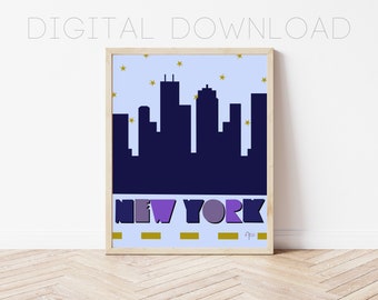 Digital Download New York Print | NY Travel Poster | Maximalist | NYC Art | Trendy Poster | Gallery Wall Art | Dorm Decor | Abstract Blue