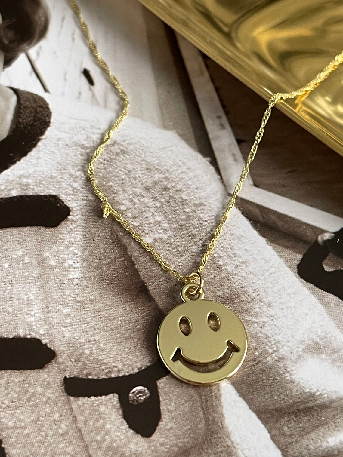 Gold Smiley Emoji Face Necklace Dainty Smiley Face Necklace Etsy