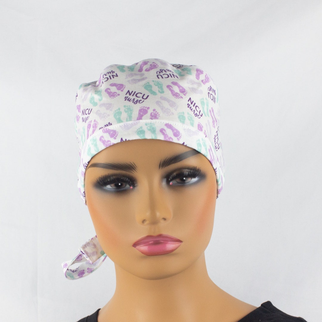 NICU Surgical Cap, Baby Feet Scrub Hat, Tie Back Scrub Cap, Tie Back