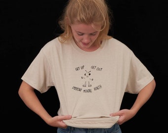 Hand printed graphic T-shirt, Natural Sand Colour. Organic Cotton. Screen printed, handmade in the UK