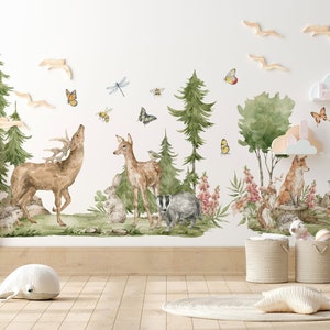 Forest Animals Wall Decal | Cute Animals with Big Trees Wall Sticker | Nursery Watercolor Forest Animals Wall Decals