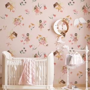 Pink Fairy Abnehmbare Tapete | Aquarell Feen Wanddekor | Kinderzimmer Märchen Wandbild