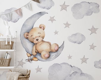 Bear on Moon Nursery Wall Decal: Repositionable Baby Décor