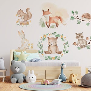 Waldtiere Kinderzimmer Wandtattoo Aufkleber, Waldtiere Wandbild, Aquarell Wandtattoo für Kinder