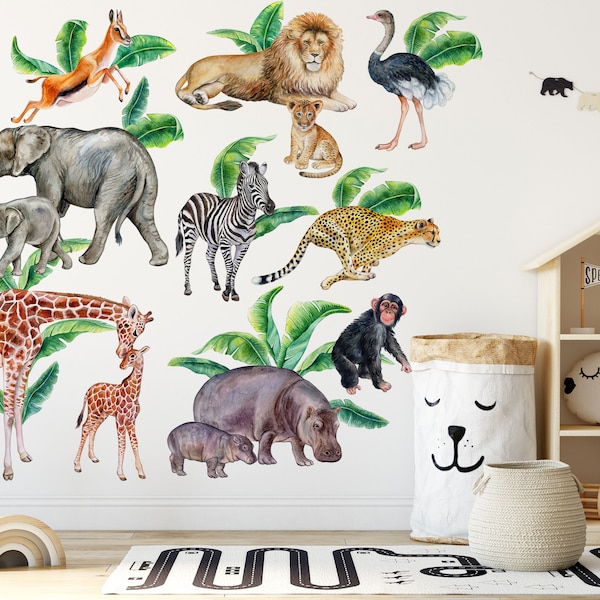 Großes Wandsticker Set für Kinder, Safari Tiere, Wandtattoa, Kub, Afrika, Aquarell Aufkleber Set, Kinderzimmer, Peel and Stick, Kinderzimmer Wandsticker