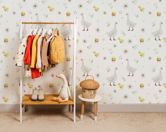 Watercolor Goose and Ducklings Peel and Stick Wallpaper: Kids Room Decor