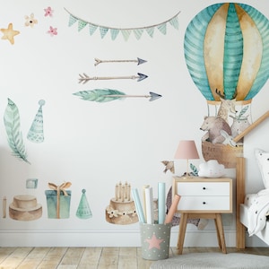 Watercolor Animal Wall Decals: Air Balloon, Forest Nursery Decor
