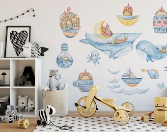 Sailboat Wall Decal, Sea Nursery wall decal, Sailing Ship Wall Decor, Watercolor animals, Forest animals wall sticker, Boys wall decal