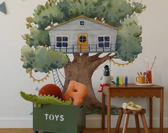 Treehouse Wall Decal | Watercolour Tree House Sticker | Kids Room Nursery Decor | Boys Girls Bedroom | Peel and Stick Wall Art