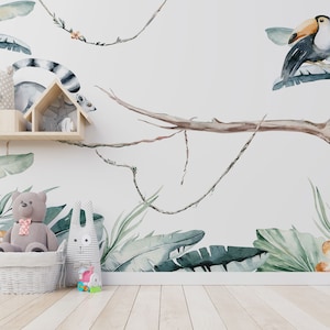 Papel pintado de animales de safari, mural de pared para niños con animales pintados a mano