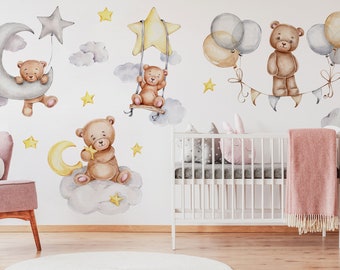 Sleeping Bears Nursery Wall Decal: Clouds & Stars Vinyl Sticker