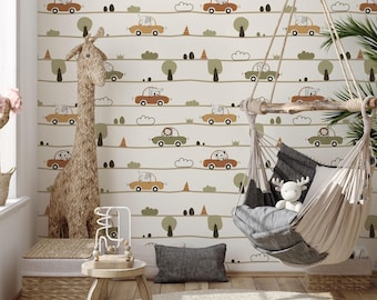 Animal Driving Cars Seamless Pattern - Cute Safari Transport Fabric and Gift Wrap