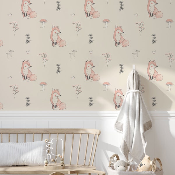 Cute Fox Self-Adhesive Wallpaper for Kids | Woodland Animal Nursery | Kids Room Fox Wall Decor | Children's Woodland Wall Pattern