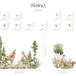 May include: A set of woodland animal wall decals featuring a fox, deer, badger, squirrel, and birds. The decals are shown in a forest setting with trees, flowers, and butterflies. The sizing chart shows the dimensions of each decal in inches and centimeters.