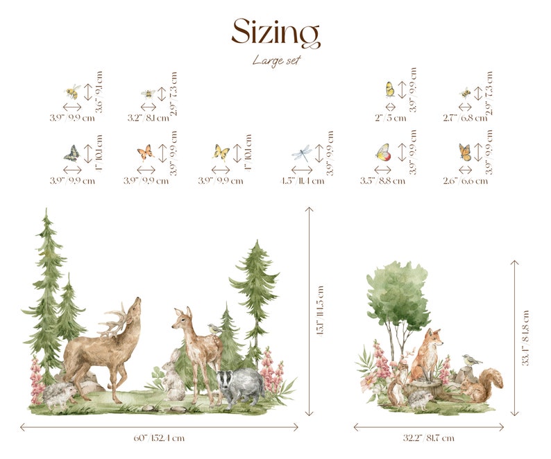 May include: A set of woodland animal wall decals featuring a fox, deer, badger, squirrel, and birds. The decals are shown in a forest setting with trees, flowers, and butterflies. The sizing chart shows the dimensions of each decal in inches and centimeters.