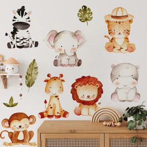 Calcomanías de pared de jungla / Decoración de guardería con animales de safari / Calcomanía para habitación de niños / Pegatinas de pared reutilizables y extraíbles