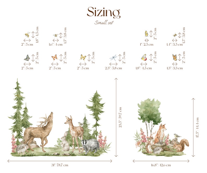 May include: A set of woodland animal wall decals featuring a deer, a fox, a badger, a squirrel, and birds. The decals are illustrated in a watercolor style with green, brown, and white colors. The image shows the sizing of the decals in inches and centimeters.