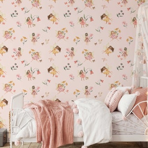 May include: Pink wallpaper with a repeating pattern of fairies holding flowers. The fairies are wearing pink dresses and have brown hair. The background is a light pink color.
