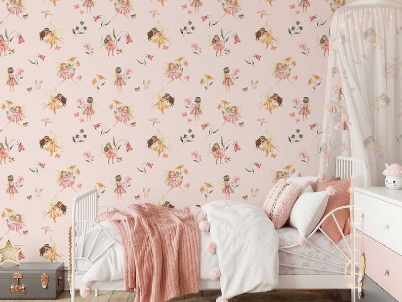 May include: Pink wallpaper with a repeating pattern of fairies holding flowers. The fairies are wearing pink dresses and have brown hair. The background is a light pink color.