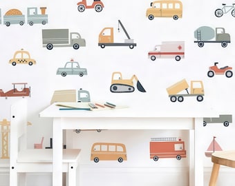 Car and Truck Wall Decals - Nursery Decor, Watercolor Wall Art, Kids Room Decal, Reusable and Removable Wall Stickers