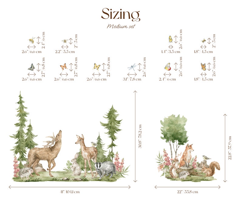 May include: A set of woodland animal wall decals featuring a deer, fox, badger, squirrel, and birds. The decals are in a watercolor style and are perfect for adding a touch of nature to any room. The sizing chart shows the dimensions of each decal in inches and centimeters.
