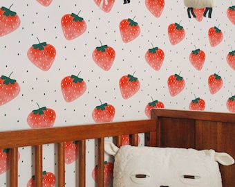 Watercolor Strawberry Wallpaper | Fruit Peel and Stick Wall Mural | Kids Room Wallpaper
