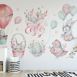 Watercolor Easter Nursery Wall Decals: Bunny, Balloons, Bird
