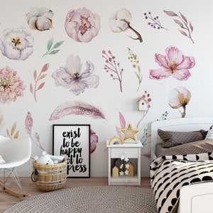 Floral Wall Decals Bedroom, Flower Wall Decals Nursery, Large Watercolor Flower Wall Stickers, Botanical Wildflower Wall Decals Peel & Stick