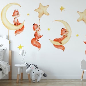 Watercolor Fox Nursery Wall Decals: Moon & Stars, Removable Kids Room Decor