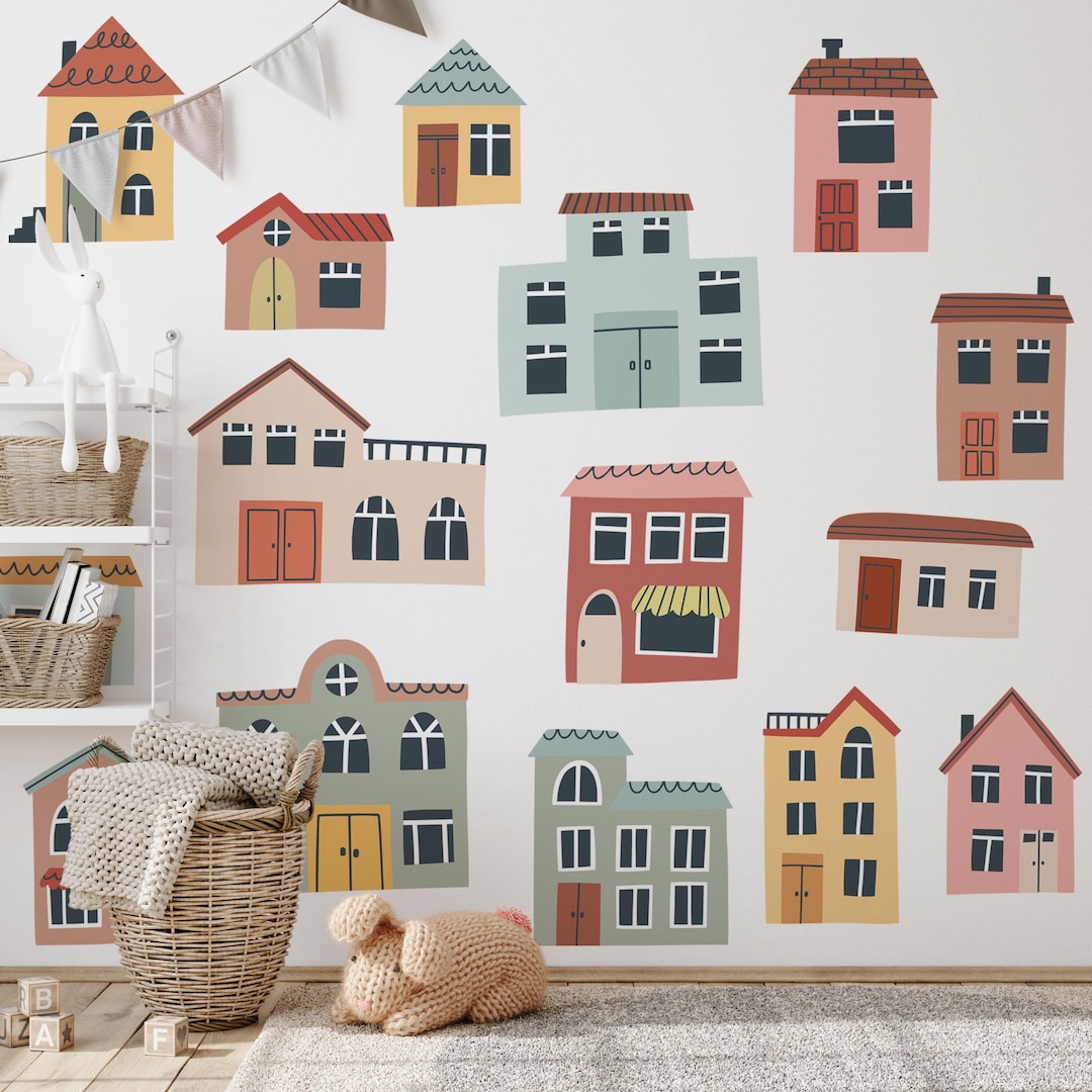 Pastel Town Nursery Wall Decals | Watercolor Buildings Stickers ...