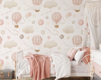 Kids Wallpaper Peel and Stick | Kids Pink Hot Air Balloon Wall Mural